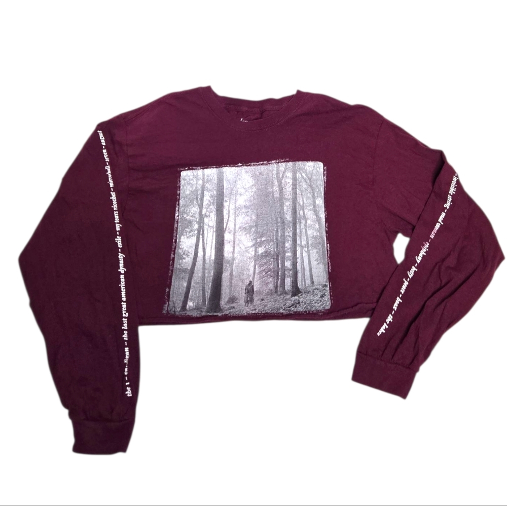 TAYLOR SWIFT maroon In The Trees Folklore cropped crew long sleeve tee‎ shirt L